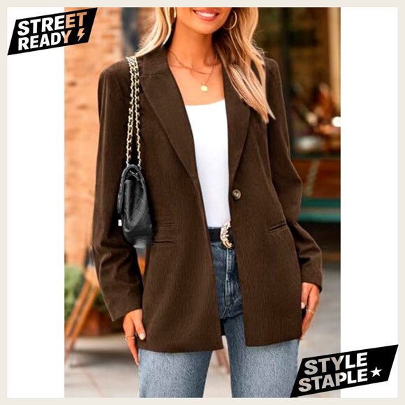 Corduroy Blazer Women's Long Sleeve Lapel Button Front Work Casual - Picture 2 of 7